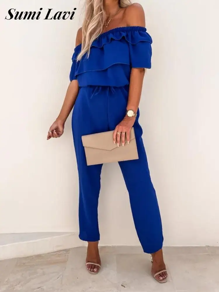 

2022 Women Sexy One-shoulder Ruffle Jumpsuits Fashion Solid Color Off Shoulder Outfits Ladies Elegant Lace Up Straight Rompers