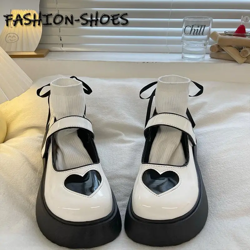 

Women Platform Lolita Shoes Pumps Rhinestones Heart-Shaped Wedges Cute High Heels Pu Leather Female Footwear Chaussure Femme