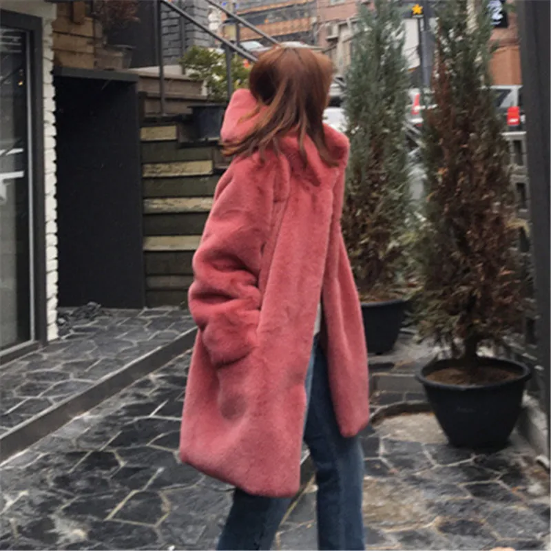 2022 New Warm Windproof Jacket Hoodie Outwear Fake Rabbit Fur Coat Retro Fur Windbreaker Hooded Faux Fur Length Coat long pink