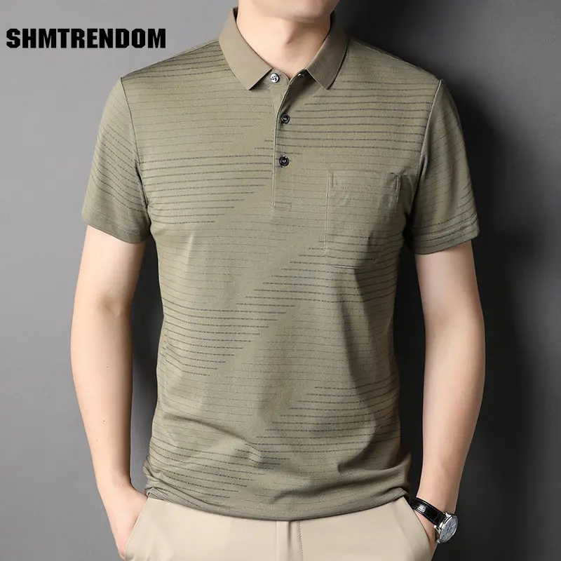 

Рубашка-поло SHMTRENDOM мужская с коротким рукавом, тонкая Хлопковая сорочка в полоску, повседневный модный Свободный Топ, размеры до 3XL, на лето
