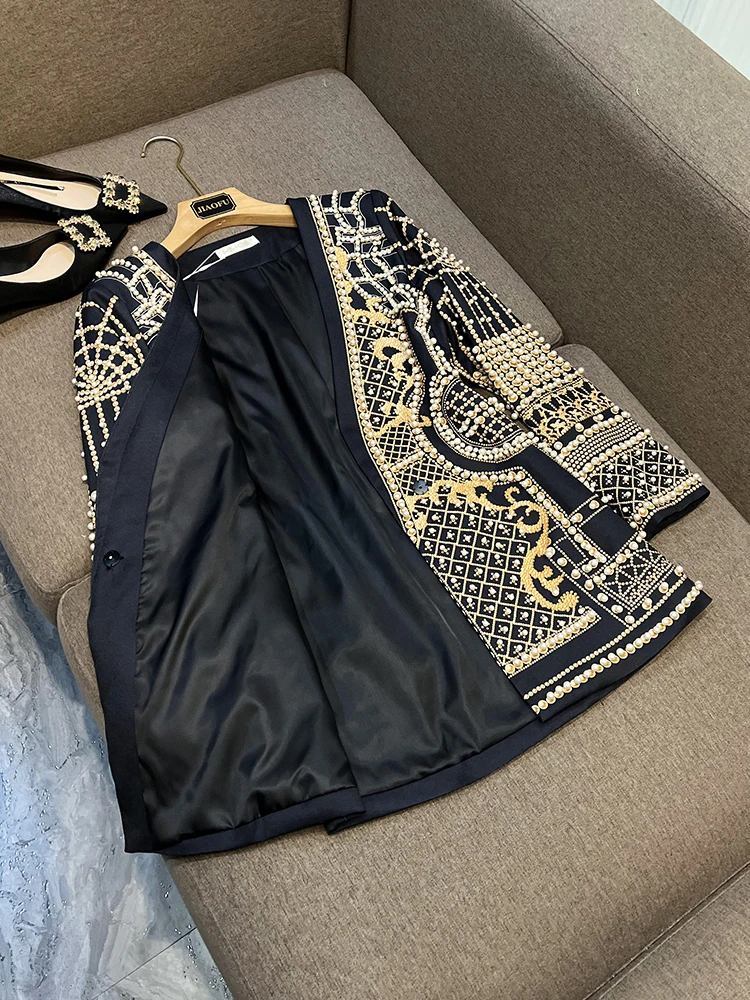 French Retro Printed Women's Jacket 2023 Spring New Fashion V-neck Long-Sleeved Thickened Mid-Length Suit Coat All-Matching