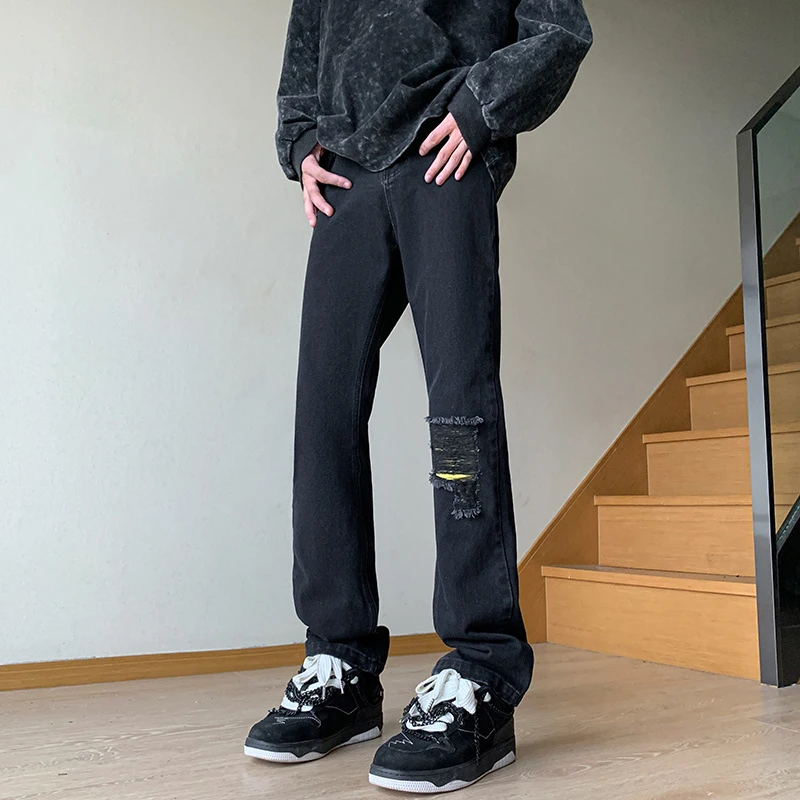 DEEPTOWN Ripped Straight Jeans for Men Loose Hip Hop Hole Denim Pants Male Casual Trousers Streetwear Punk Korean Style Spring