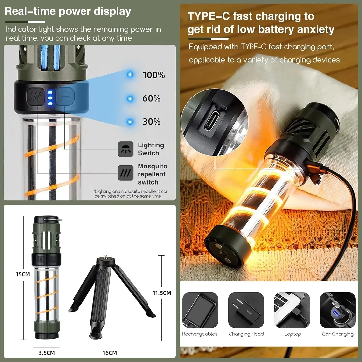 Переносная лампа-Отпугиватель комаров 3-в-1 Аккумуляторный USB фонарь для кемпинга