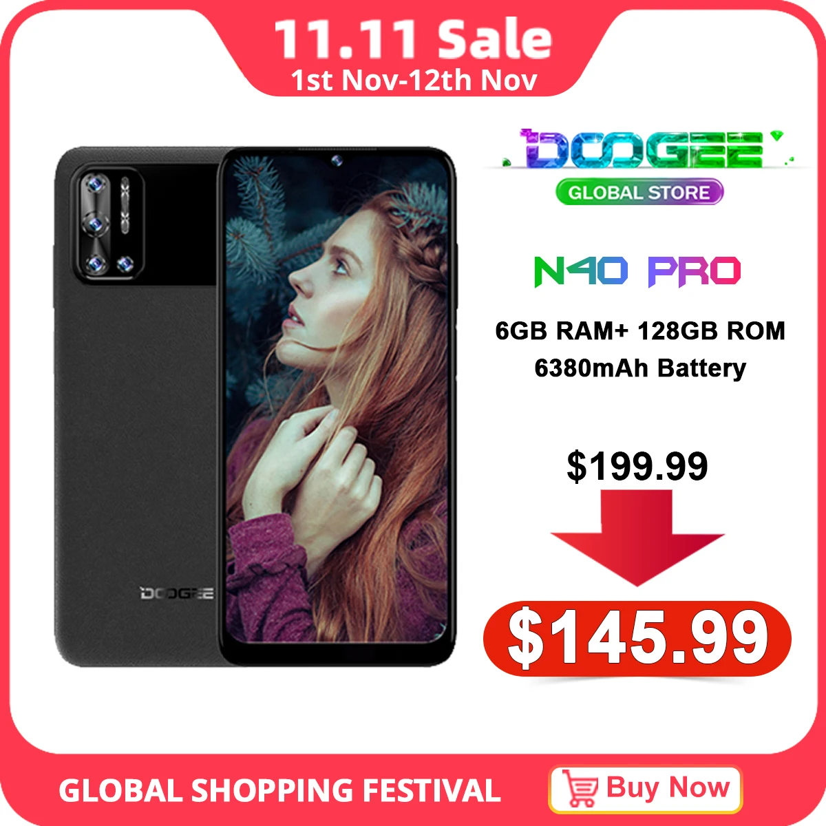 

DOOGEE N40 Pro Mobile Phone 6380mAh Battery 20MP Quad Rear Camera Helio P60 6GB+128GB 6.5" 24W fast Charging Cellphone