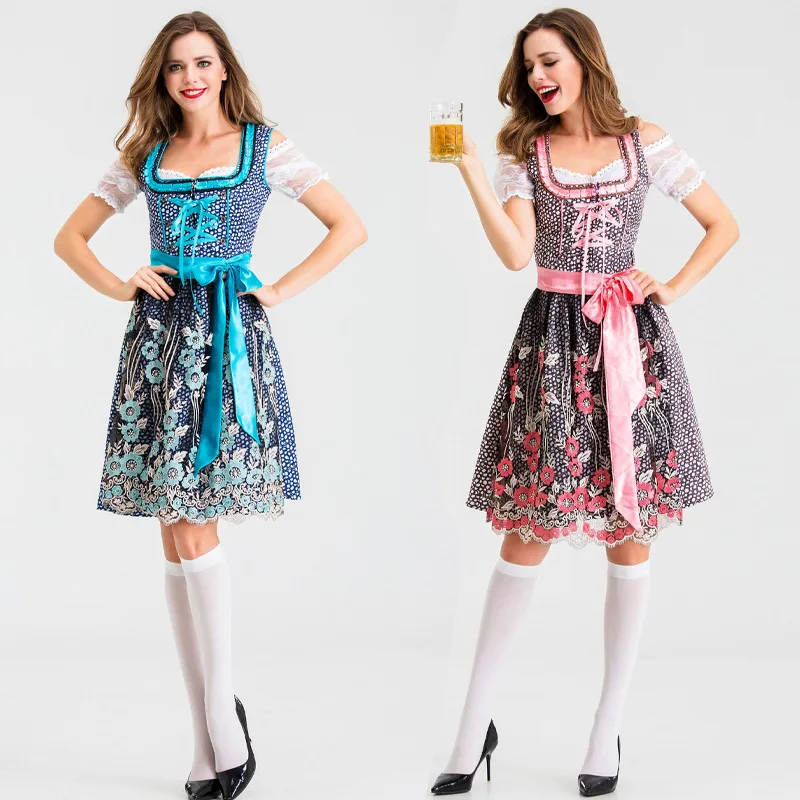Dirndl Oktoberfest Costume Carnival National Beer Wench Waitress Cosplay Halloween Knee Length Elegant Floral Print Dress