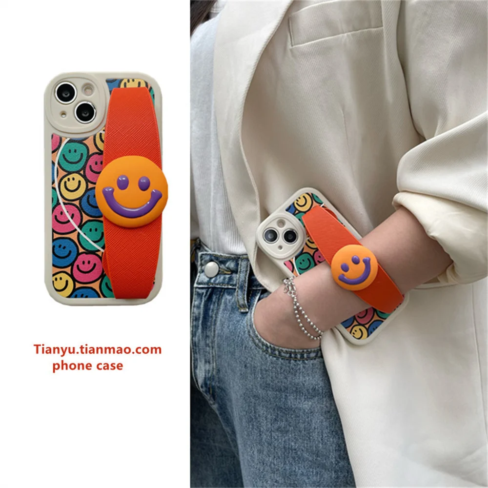

Colorful smiley face wrist strap protective case for iphone14 mobile phone case Apple 13/12 women's cross body mobile phone case