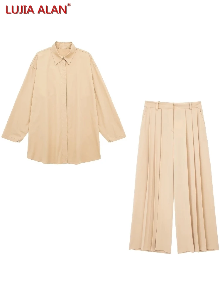 

New Women Lapel Collar Solid Shirts Casual Female Long Sleeve Blouse Loose Tops+Pleated Wide Leg Pants LUJIA ALAN B1519