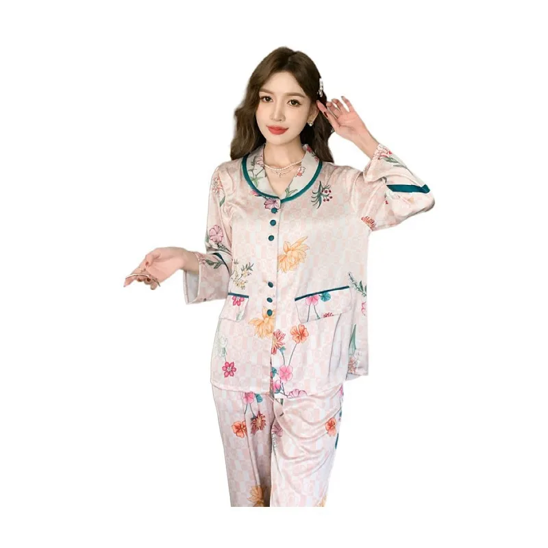 2023 New Ice Silk Pajamas Women's Suit Long-Sleeved Trousers Fashionable Printed Cardigan Homewear Can Be Worn outside