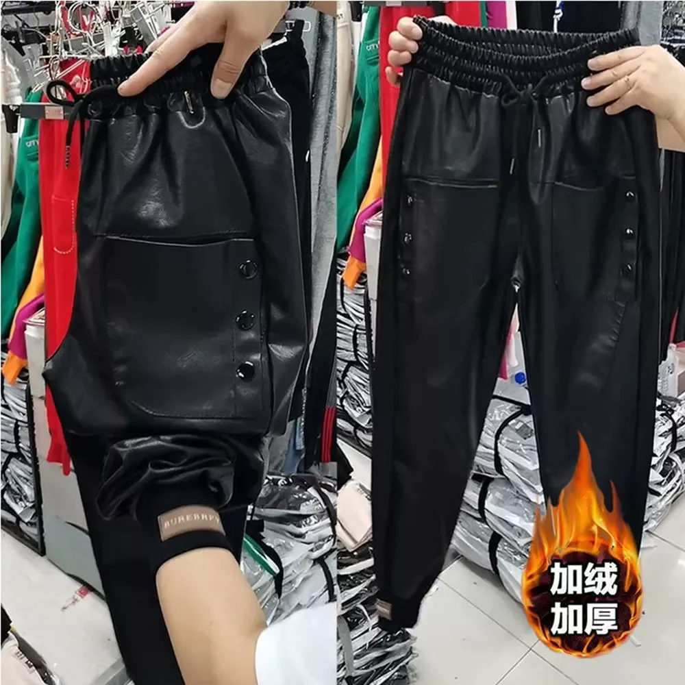 

Black winter warm thick PU leather high waist Women's Capris harem pants for women baggy pants woman trousers