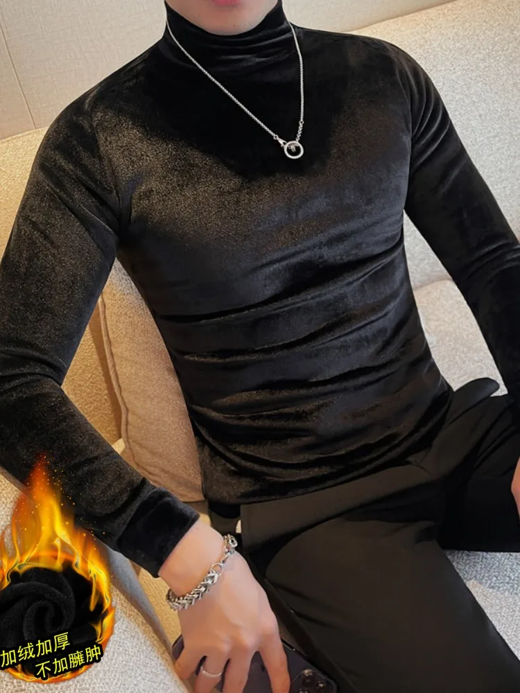 Зимняя корейская рубашка приталенного кроя мужская с высоким воротником и