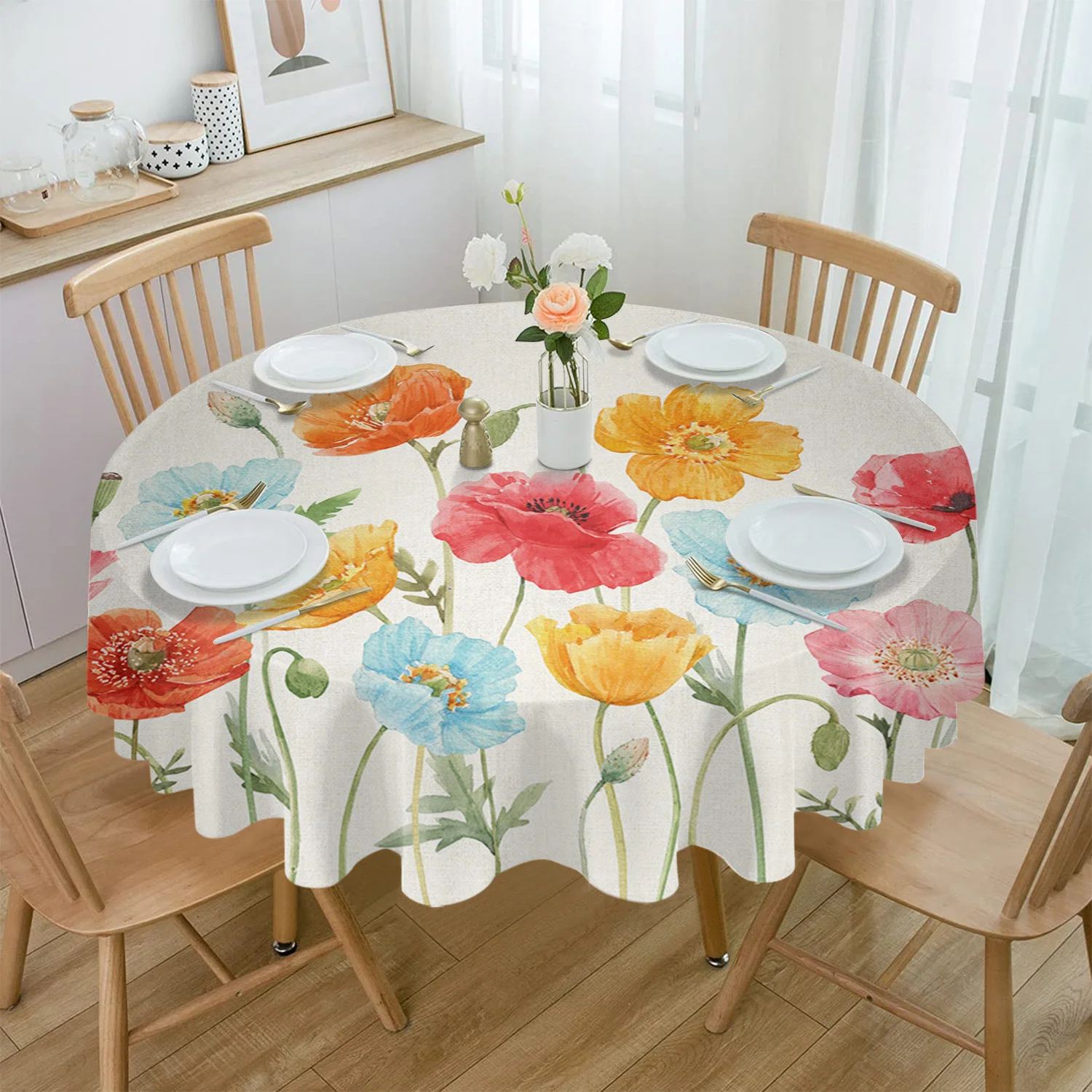 

Watercolor Poppy Flower Round Tablecloth Waterproof Wedding Party Table Cover Holiday Dining Table Tablecloth