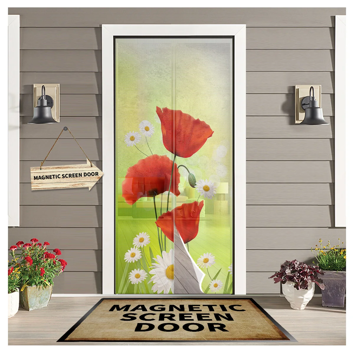 

Poppy Flower Daisy Magnetic Mosquito Screen Door Curtain Anti Insect Door Mesh Automatic Closing Kitchen Curtain Panels