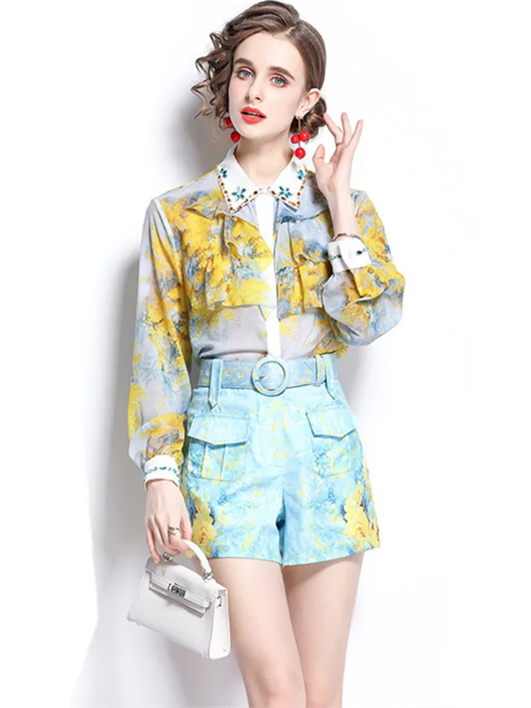 Женский комплект из 2 предметов шелковая рубашка с длинным рукавом-фонариком