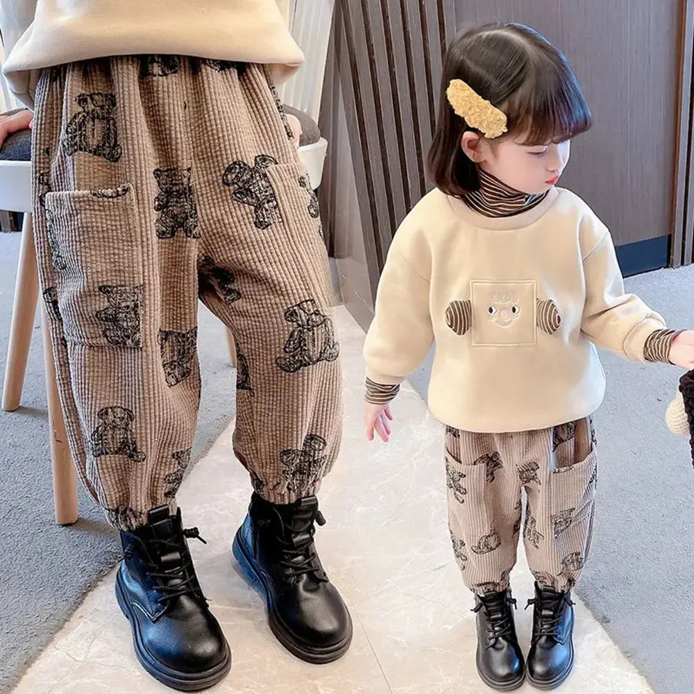 

Spring Toddler Baby Girls Pants Kids Cute Bear Corduroy Cargo Pants for Girls Elatic Waist Loose Trouses Child Girl Clothes 6 8