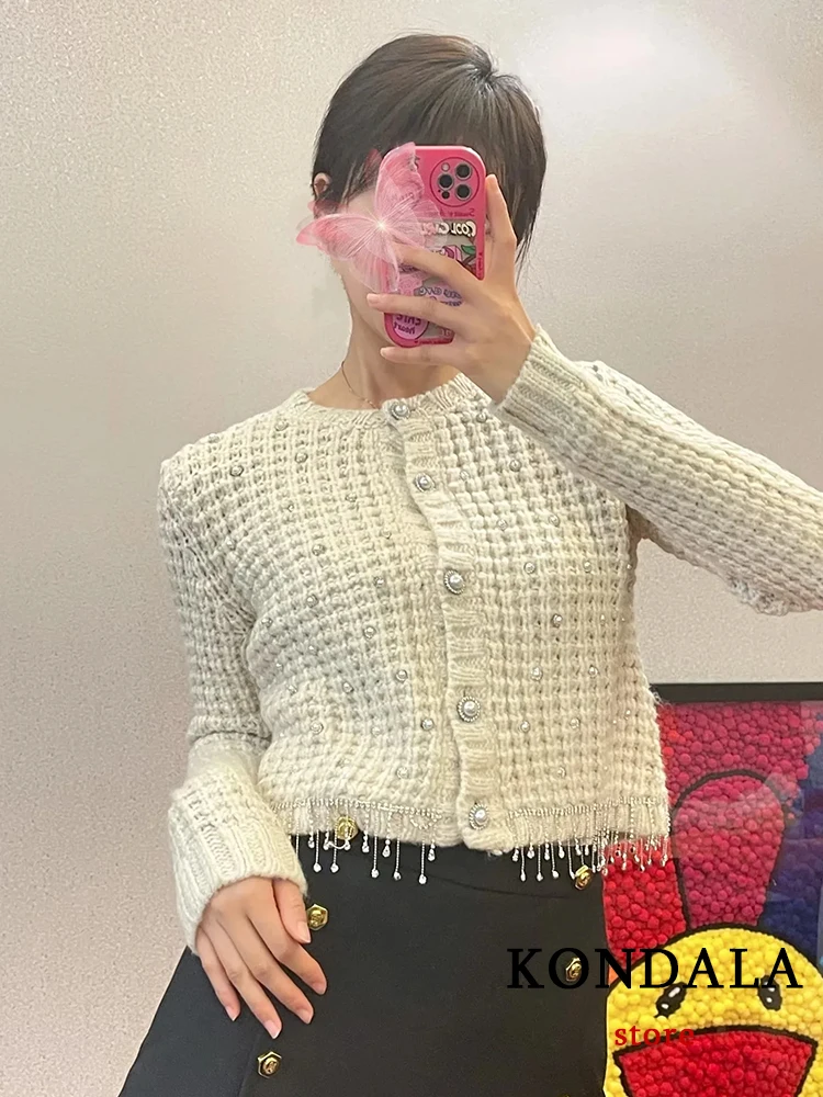 

KONDALA Chic Casual Beige Pearl Plaid Tassel Women Cardigans Long Sleeve Button Short Sweater Fashion 2022 Elegant Knit Outwear