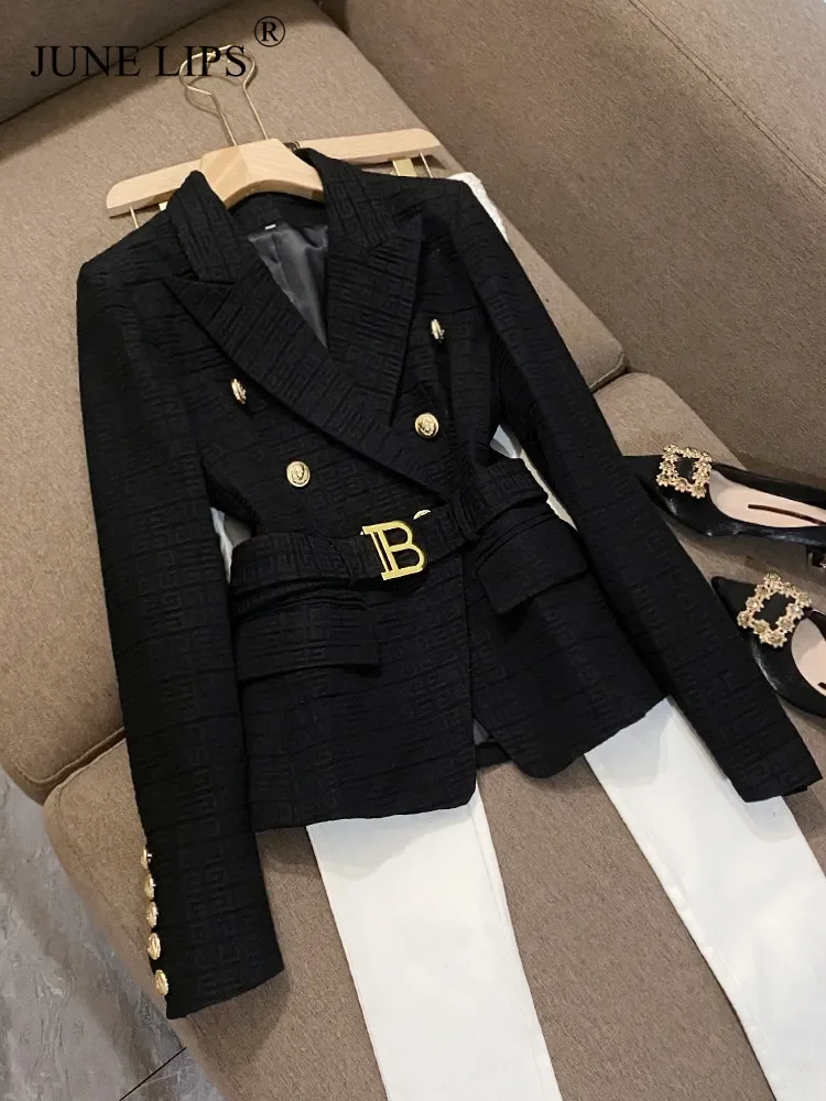 

NEW2023 JUNE LIPS Tide Brand High-Quality Retro Fashion Designs Women Textured Blazer with Belt Chic Popular Quality Female Body