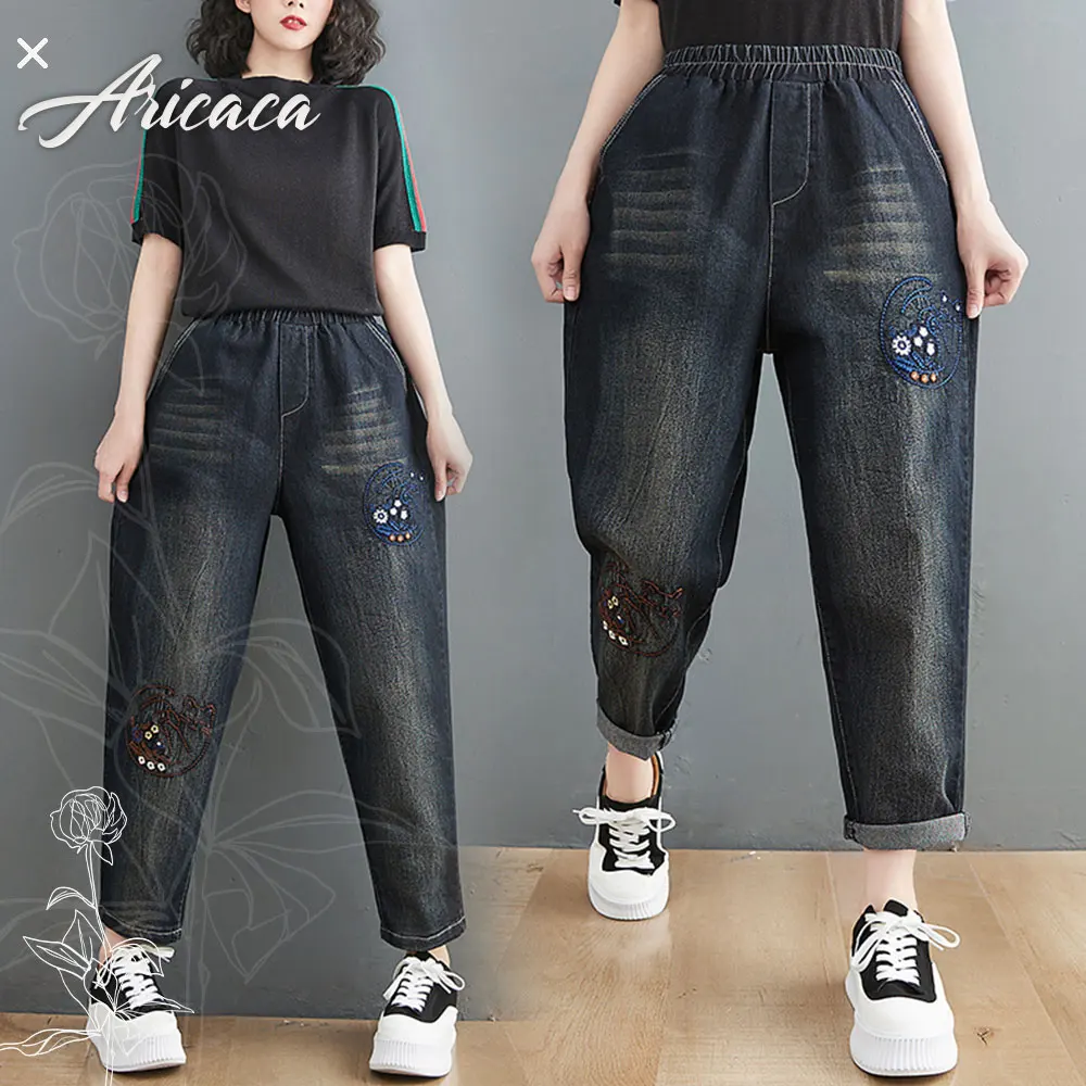 

Aricaca M-2XL Denim Jeans Cartoon Embroidery Print Stretched Harem Jeans Women Pencil Pants Loose Jeans