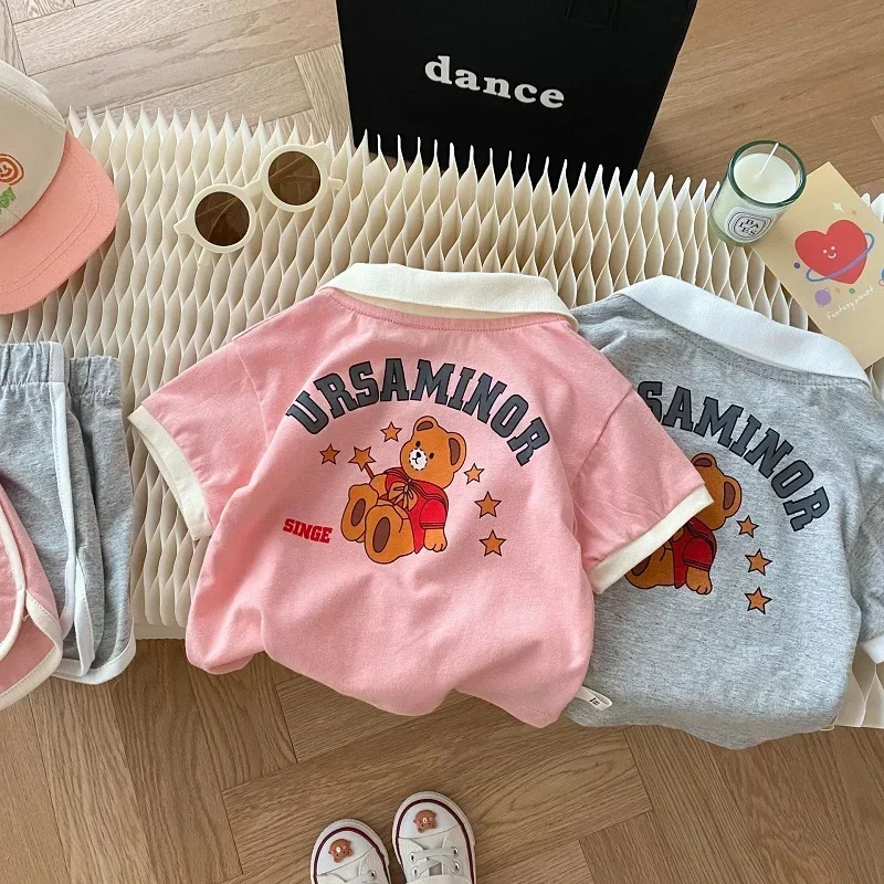2025 Summer Children Clothes 0-6Years Kids Boy Girl Short Sleeve Cartoon Bear Pattern Shirt +Shorts Pant 2PCS Clothing Set