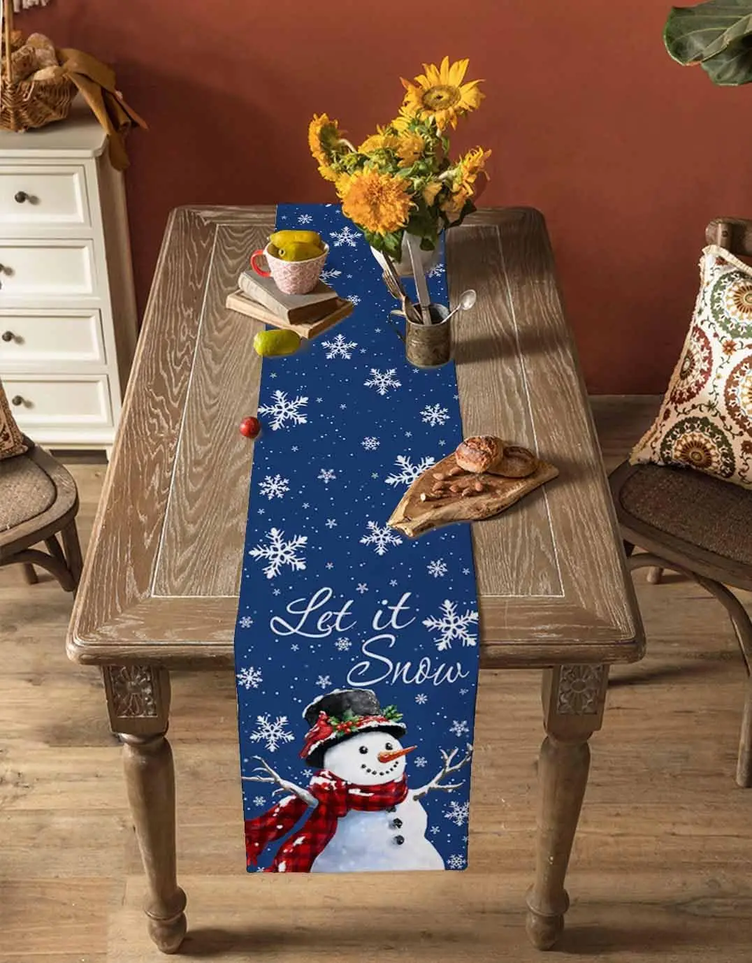 С Рождеством Снеговик Снежинки Ягоды Синий Льняной Скатерть Обеденный Стол