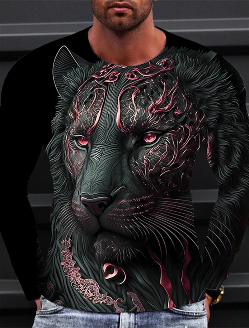 

Lion Pattern 3d Printed Tshirt Long Sleeve Casual For Men O Neck Fashion Graphic T Shirts Black Breathable Comfortable Apparel
