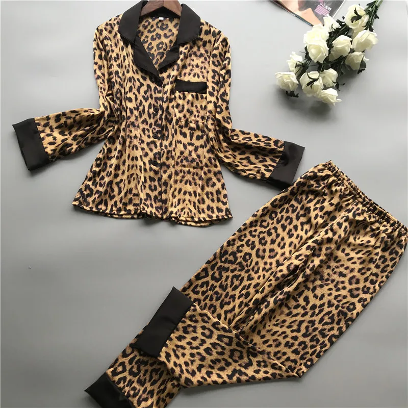 Women's sense of fashion pajamas spring new long sleeve female ice silk fashion leopard grain sexy pajamas