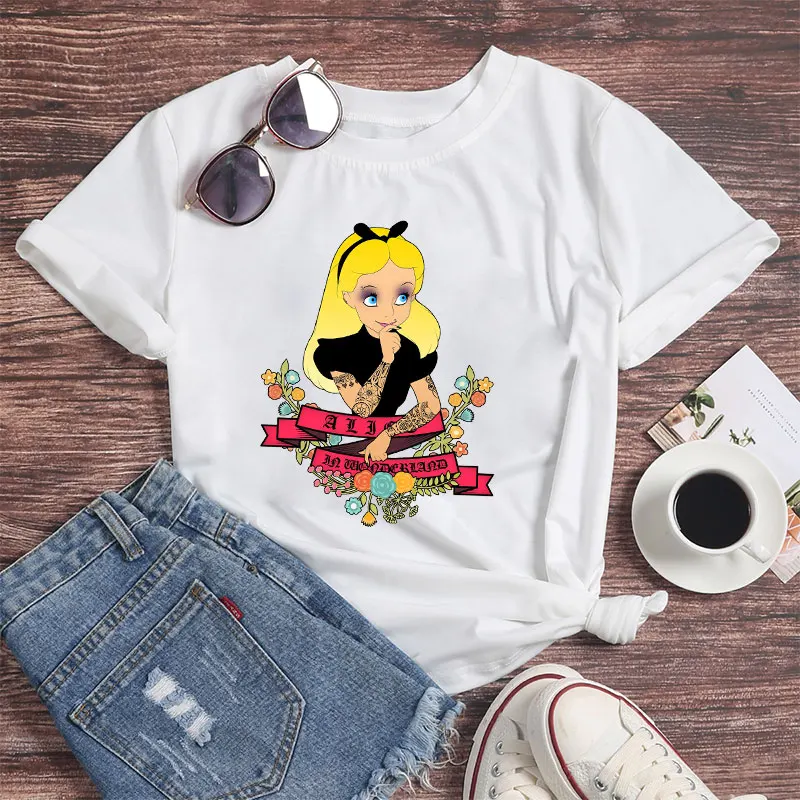 

Funny Disney Princess Tattoo Print Tshirt Women Punk Girl Graphic Tee Harajuku White T Shirt Summer Female Short Sleeve T-shirts