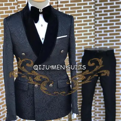 Костюм жаккардовый Мужской приталенный, двубортный свадебный смокинг для жениха, деловой костюм из 3 предметов, блейзер, черный костюм
