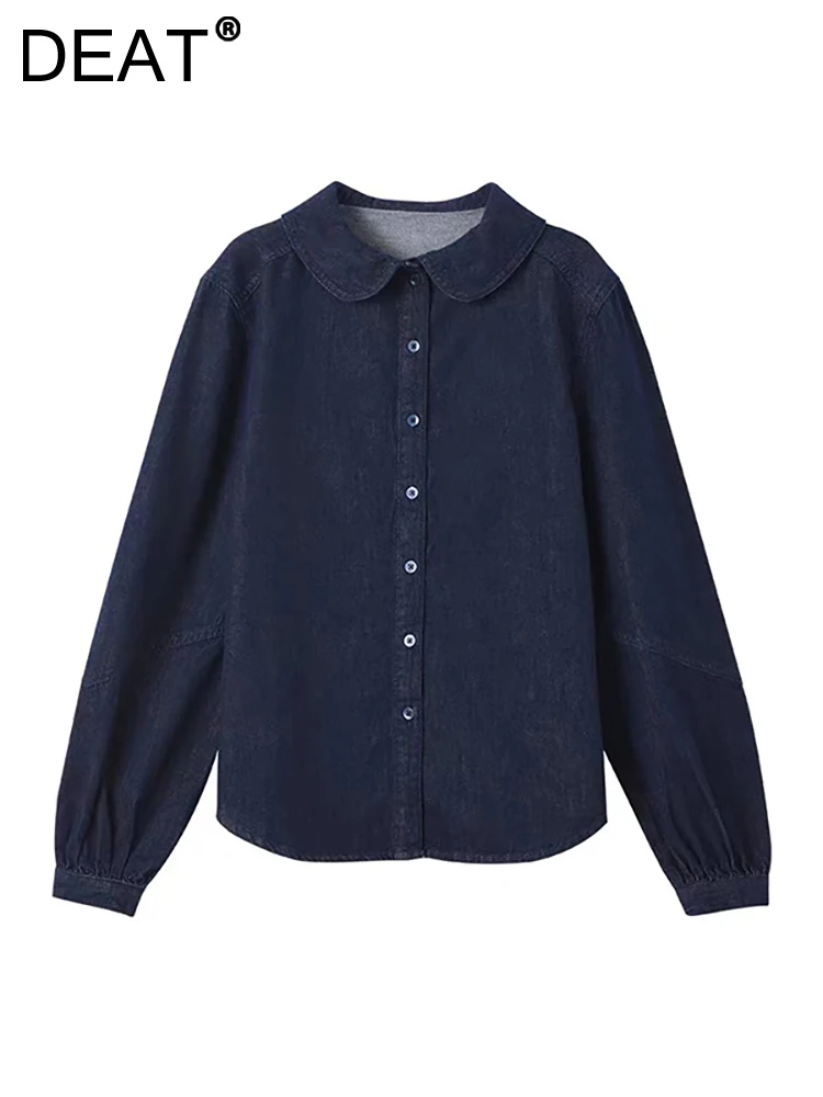 

DEAT Women's Deinm Shirt Peter Pan Collar Long Sleeve Loose Single Breasted Navy Blue Blouse 2023 Autumn New Fashion 29L2302