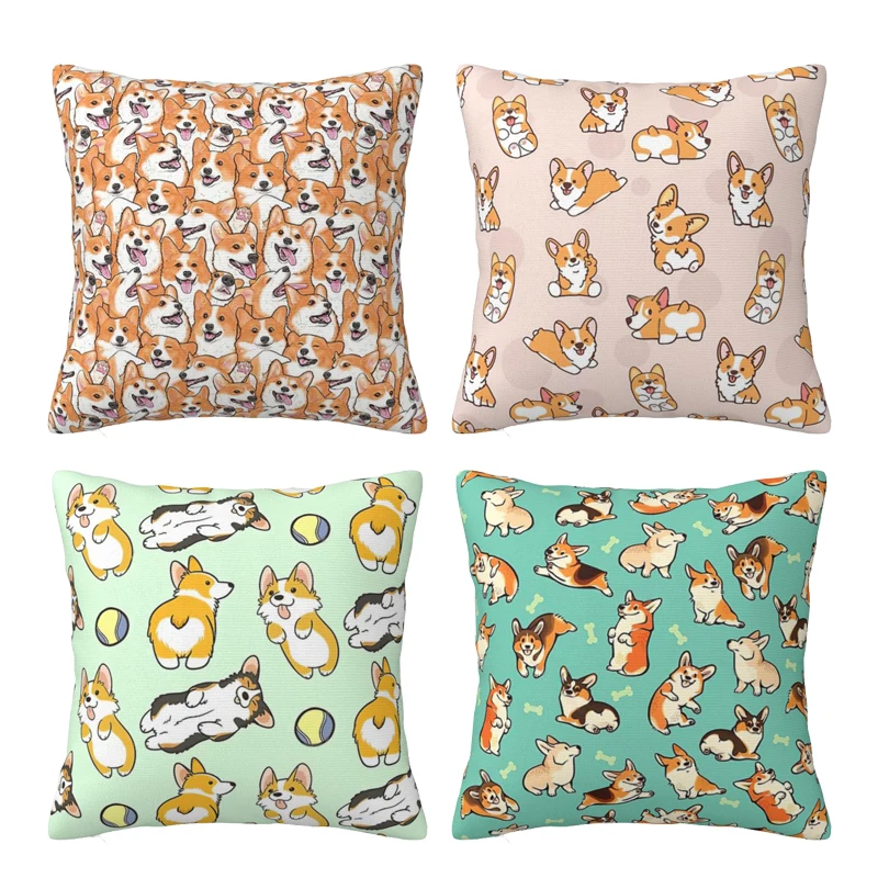 

Jolly Corgis In Green Pillowcase Printed Cushion Cover Sofa Waist Pillow Pillow Cover