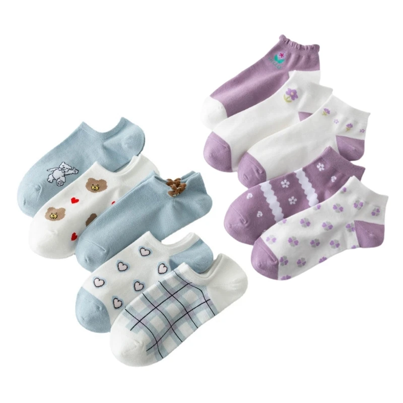 

5 Pairs Summer Thin Short Ankle Socks for Women Cute Cartoon Bear Print Student Breathable Casual Cotton Crew Socks