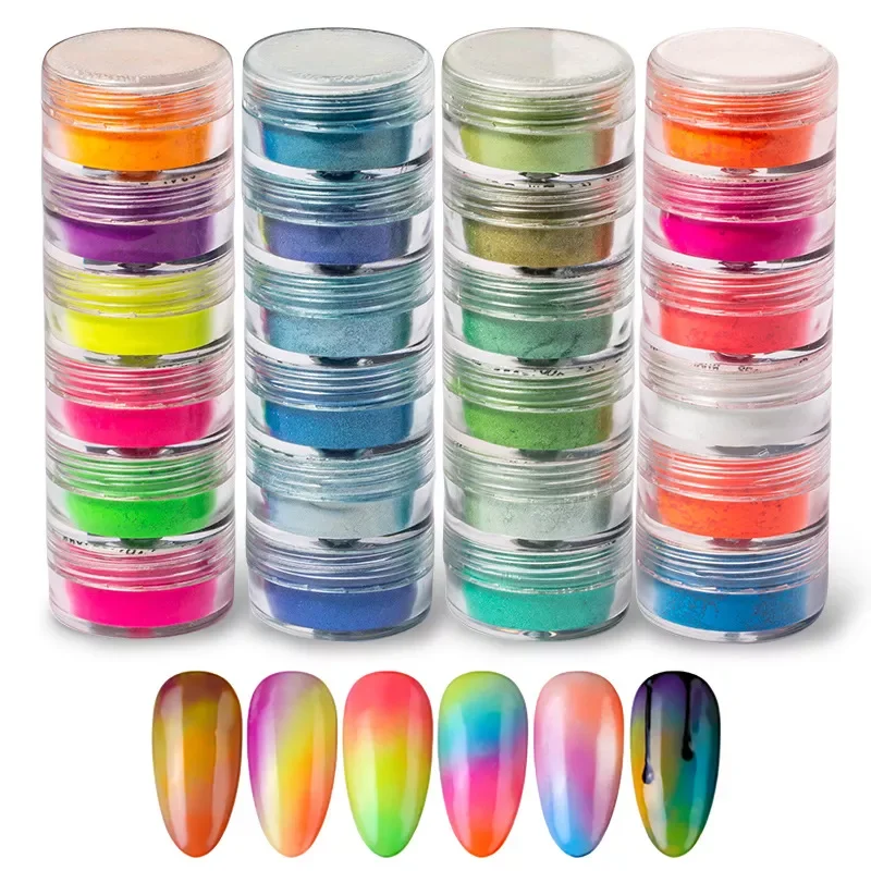 

NEW2023 Box Neon Pigment Powder Nail Fluorescence Gradient Glitter Summer Shinny Dust Ombre DIY Nail Art Decor Manicure