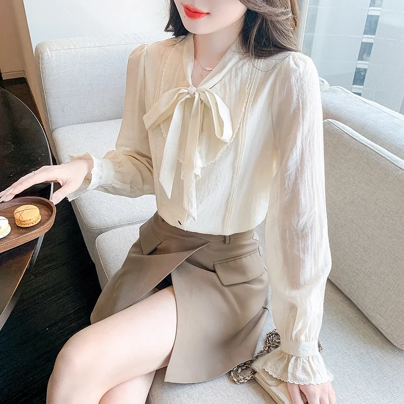 Модная офисная женская рубашка с длинным рукавом и бантом шифоновая блузка