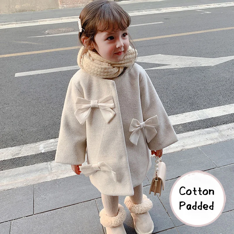 

2022 Korean Kids Toddler Winter Woolen Long Coats Fashion Bow Cotton Padded Thick Jacket Girl Elegant Overcoat Children Clothes