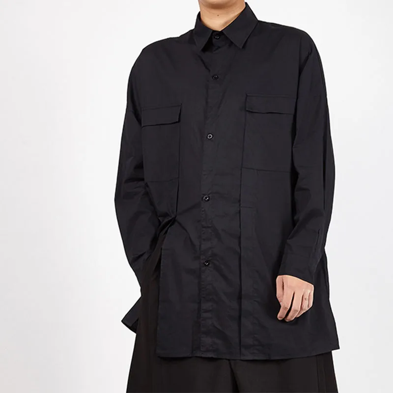 Dark Japanese Cardigan Shirt Casual Slit Men's Long-sleeved One-shoulder Loose Long Coat Fashion Mid-length Shirt