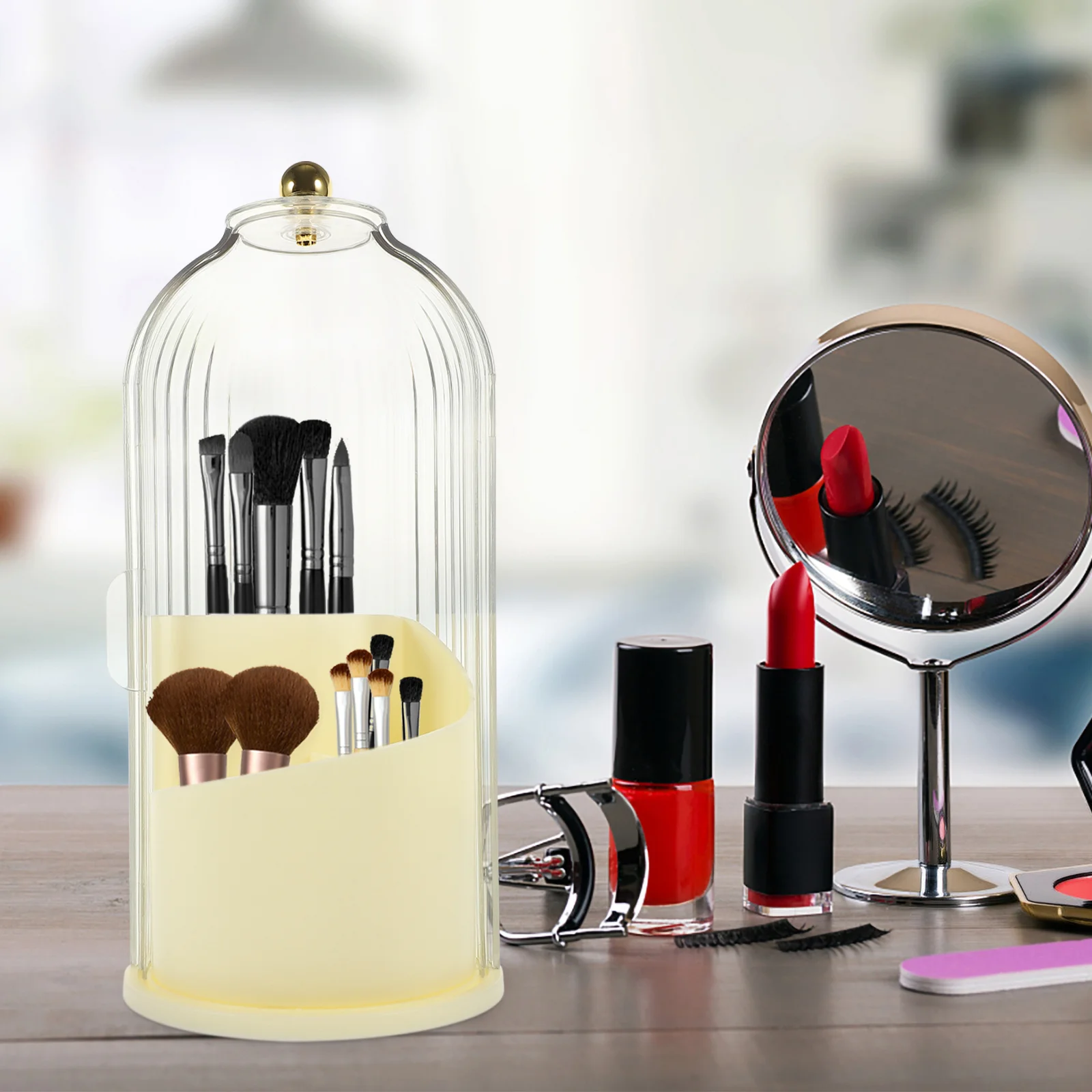 

Cosmetics Desktop Organizer Brush Holder Makeup Rotating Lid Cup Tabletop Brushes Stand