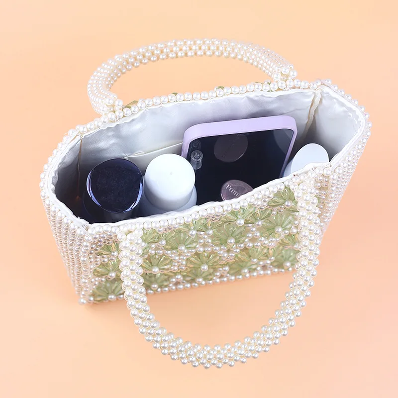 New pearl color transparent flower-shaped heavy industry large-capacity handbag hand-beaded highlight women |