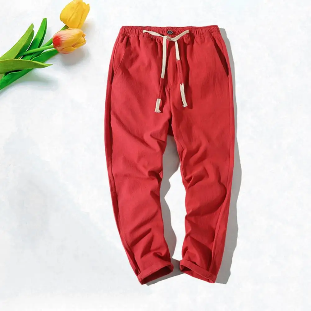 

Casual Pants Breathable Men's Summer Joggers Elastic Waist Drawstring Pockets Loose Fit Cropped Pants for Fitness Comfort