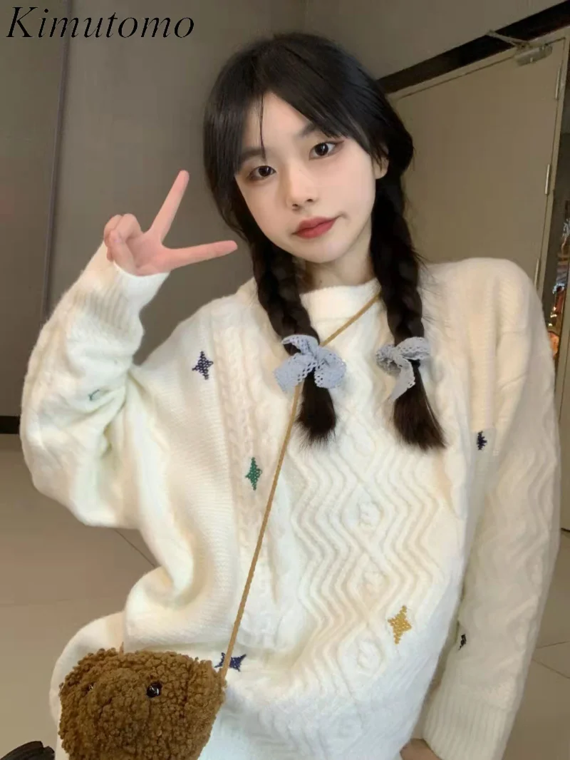 

Kimutomo, милый свободный свитер с вышивкой в виде звезд, женский элегантный универсальный вязаный пуловер с круглым вырезом и длинными рукавам...