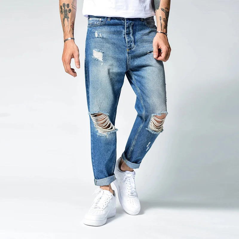 New Mens Jeans Straight Trend Hole Blue Slim Jeans Streetwear Men Solid Color Full Length Denim Pants Casual Trousers