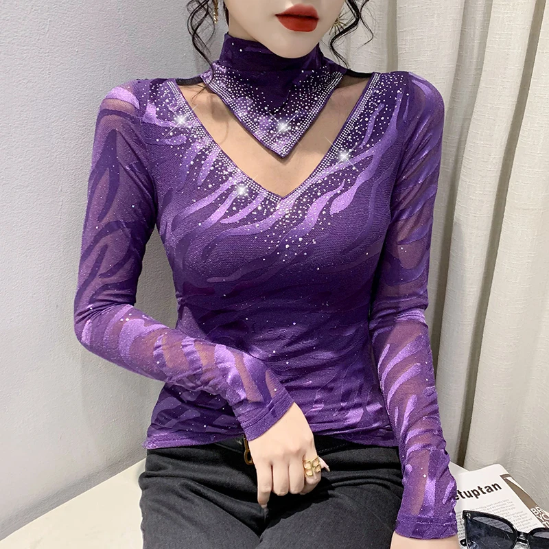

New Korean Fashion Casual Mesh See-through Splicing Hot Fix Woman Tshirts Women Sexy Tops Female Ladies Slim Clothes BPy1818