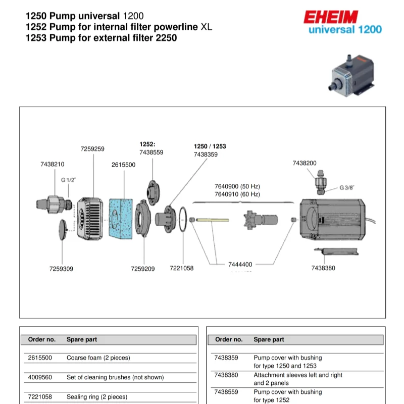 Насос EHEIM 1046 1048 1250 1252 1253 1260 1262 1264 300 Универсальный 600 1200 2400 3400 4500 запасные части