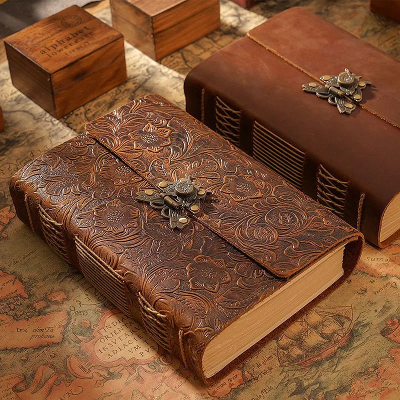 

Handmade Embossed Sketchbook First Layer Cowhide Retro Travelers European-style Diary Thread-bound Notepad Cowhide Notebook