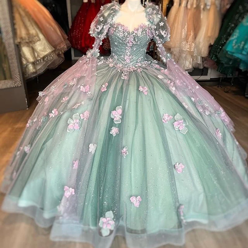 

Роскошные платья принцессы с пышными рукавами, бальное платье с 3D цветами, платье на день рождения, милое Тюлевое платье на шнуровке с бусинами, 16 платьев