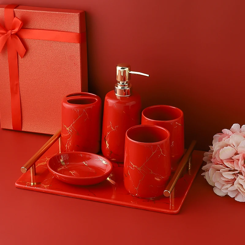 Ceramic red bathroom accessories set washing tools mouthwash cup soap dish toothbrush holder household wedding holiday supplies