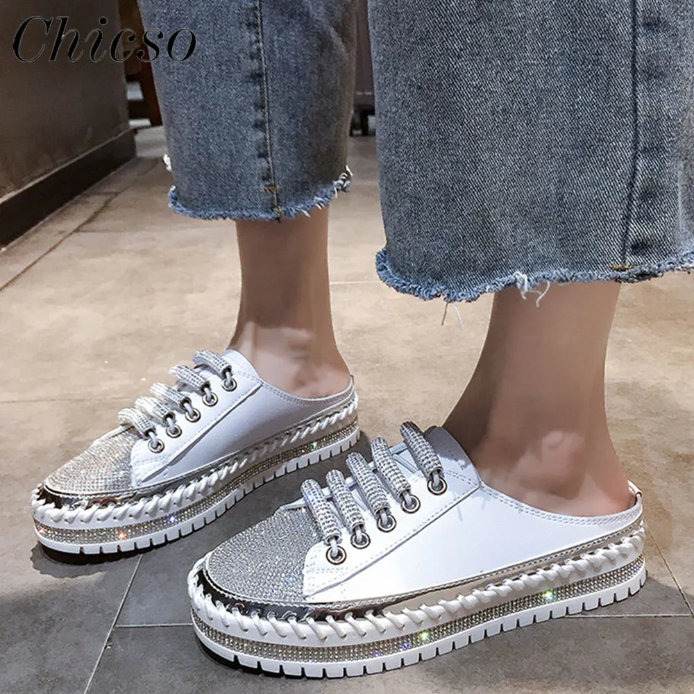 

Women's New Mules 2022 Summer Ladies Rhinestone Slingback Slip On Comfy Loafers 35-43 Large-Sized Breathable Flat Shoes