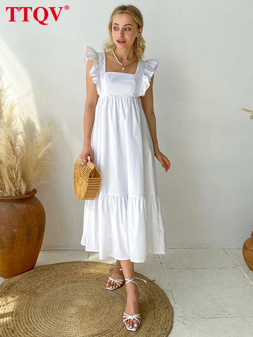 

TTQV Fashion White Cotton Womens Dresses 2023 Elegant Square Neck Short Sleeve Dresses Casual High Waisted Midi Dress Streetwear