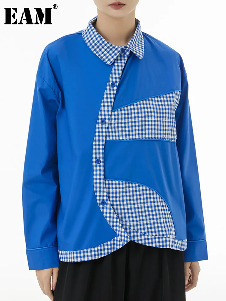 

[EAM] Women Blue Irregular Plaid Big Size Blouse New Lapel Long Sleeve Loose Fit Shirt Fashion Tide Spring Autumn 2023 1DF5142