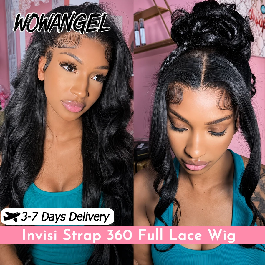 Фото WOWANGEL 360 Full Lace Frontal Body Wave Wig Human Hair Invisi Drawstring Glueless HD Lace Preplucked Natural Hairline For Women №1