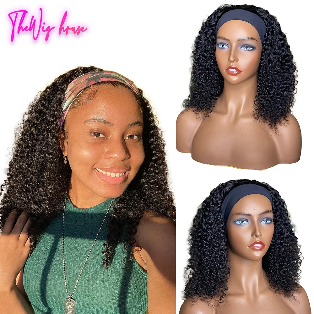 Brazilian Hair Human Hair Wigs Loose Wave Headband Wigs Kinky Curly Wigs For Women Deep Curly Machine Made Glueless Wigs 180%