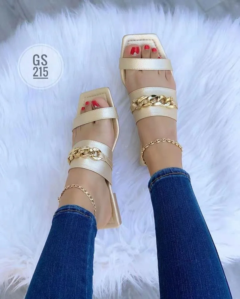 

Женские модные шлепанцы, лето 2022, прозрачная цепочка, роскошные женские шлепанцы с квадратным носком и плоским каблуком, женские шлепанцы д...